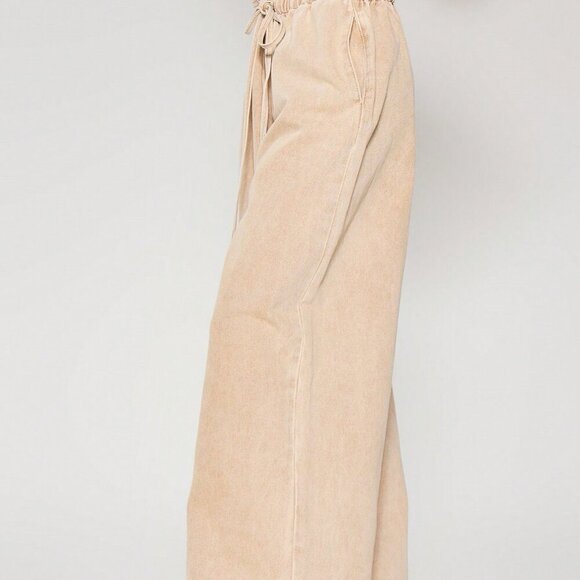 Khaki Casual Women's Tie Waist Wide Leg Washed Denim Trousers pants - Picture 3 of 6